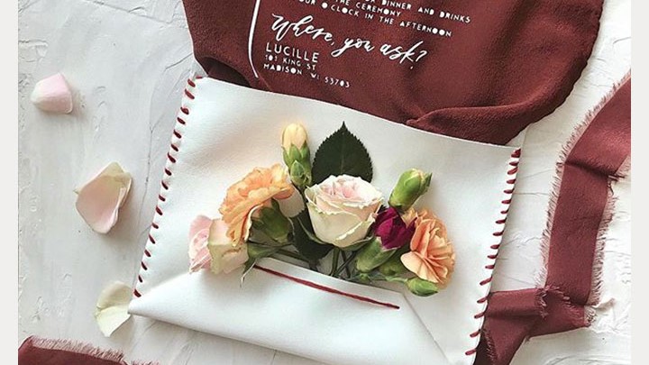 Modern Silk Wedding Invitation With Leather Envelope Desktop Image